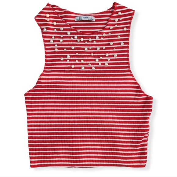ZARA Trafaluc Cropped Red/White Stripped Top‎ with Pearls - Picture 9 of 11
